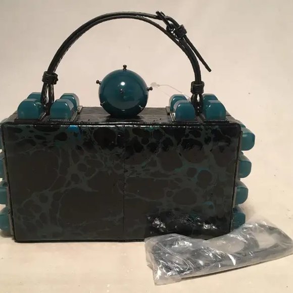 Tonya Hawkes Black Teal and Green Leather Paint Splatter Convertible Clutch - Picture 8 of 8